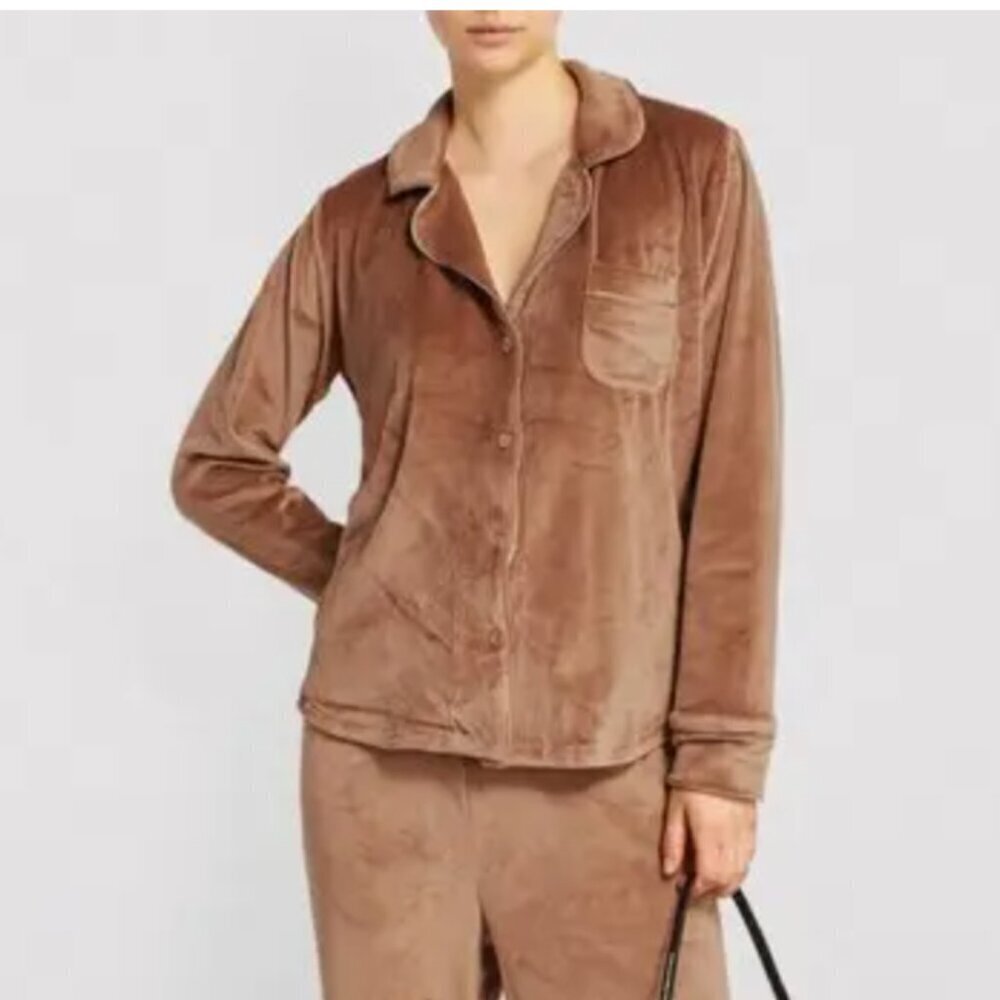 Skims Velour Button Up Sleep Shirt Collared Crushed Velvet Top Tan Plus Size 2X